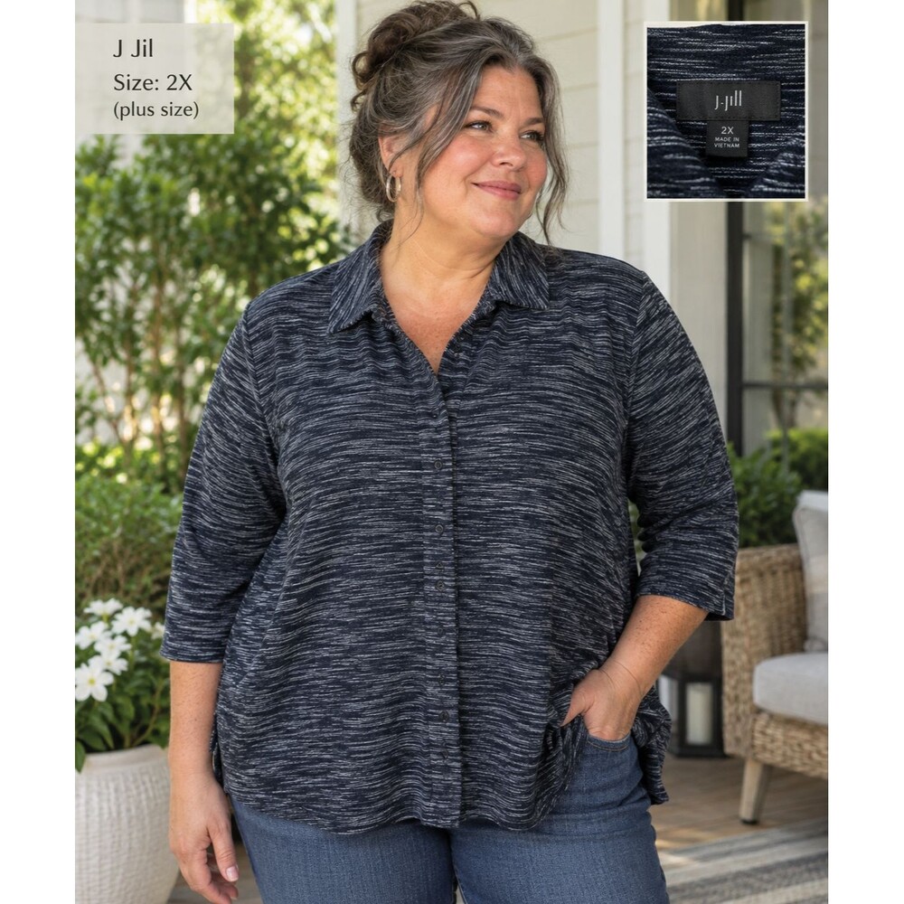 J Jill Wearever Collection Top 2X Navy Blue Long Sleeve Button Up Collar